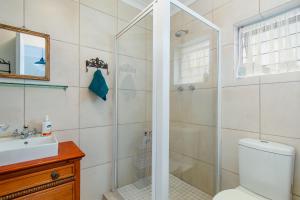 a bathroom with a shower and a toilet and a sink at Barnacle Tree in Somerset West +16 photos