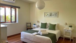 a bedroom with a large white bed with green pillows at Branca Countryside Retreat in Coruche +48 photos