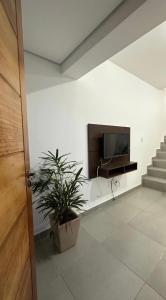a living room with a tv and a potted plant at Sobrado em volta do lago in Lindóia