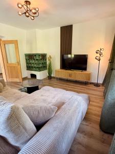 a living room with a bed and a flat screen tv at Beim Mühltaler III in Schleching