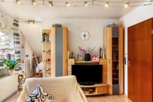a living room with a tv and a chair at Ferienwohnung Zum Leiselsee in Baunatal