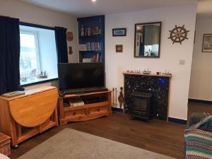 a living room with a flat screen tv and a fireplace at The Captains in Bettyhill