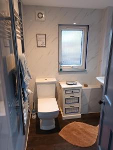 a small bathroom with a toilet and a window at The Captains in Bettyhill +17 photos