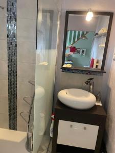 a bathroom with a sink and a glass shower at Maison avec balcon in Saint-Hilaire-Petitville +2 photos