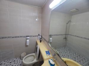 a bathroom with a toilet and a sink at Happy Hotel in Jeju