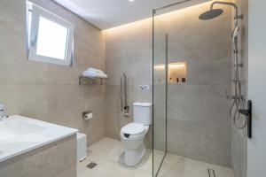 a bathroom with a shower and a toilet and a sink at Fragos Garden Studios in Kyllini
