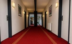 a corridor with a red carpet and a red carpet and black poles at DORMERO Express Hotel Passau in Passau