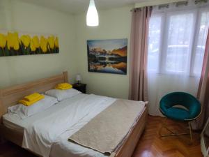 a bedroom with a bed and a chair and a window at Jela - Spacious Two-Bedroom Apartment near City Center with Free Parking & Wi-Fi in Podgorica