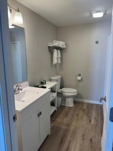 a bathroom with a sink and a toilet and a mirror at The Lake Huron Resort in Oscoda
