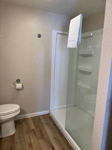 a bathroom with a shower and a toilet at The Lake Huron Resort in Oscoda