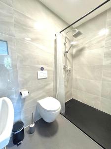 ein Badezimmer mit Toilette, Waschbecken und Dusche in der Unterkunft Hill-Suite in Cochem + 10 Fotos