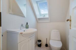 a bathroom with a sink and a toilet and a window at Cozy house with garden in Odense +27 photos