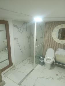 a bathroom with a toilet and a marble wall at Hotel Cristian in Puyo