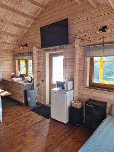 a kitchen with a refrigerator and a tv on the wall at Sodyba 15 Ąžuolų Svečių namai 2 in Triušiai