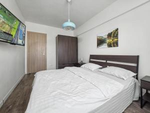 a bedroom with a large white bed and a flat screen tv at Konstanzer 103 - 2 Room Ap & Parking- Iulius Mal - Smart TV - Highspeed Wi-Fi in Iaşi