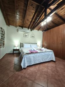 a bedroom with a large bed in a room with wooden ceilings at Amelie's Stone House in Vathý