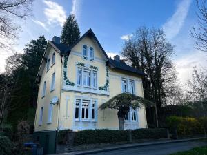 a white house with a tree in front of it at Villa Belle in Freudenberg