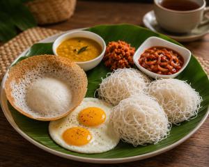 a plate with eggs and other food on a table at Friendly Waves Resort Arugambay in Pottuvil