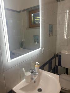 a bathroom with a sink and a toilet and a mirror at Apartment A1 Peroj in Peroj