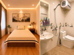 two pictures of a bathroom with a bed and a sink at SaPa PAPA - Architect's Hidden Sanctuary - Only 4 rooms hidden in a secret botanical garden - 3 minutes from Sapa Station - Privacy & Privilege for stylish insiders in Sapa