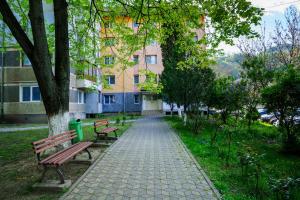 two benches sitting on a sidewalk in a park at Joy Apartament in Nehoiu