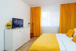a bedroom with a bed and a television on a dresser at Joy Apartament in Nehoiu