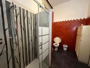 a bathroom with a toilet and a glass shower stall at Holiday Pisa Gare 2 in Pisa
