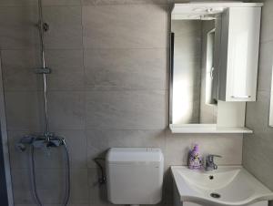 a bathroom with a shower and a toilet and a sink at Prenociste Gradiska in Bosanska Gradiška