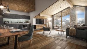 a kitchen and living room with a table and chairs at TERRESENS - Les Balcons de Juliette in Notre-Dame-de-Bellecombe