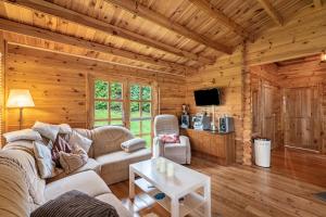 a living room with a couch and a tv in a log cabin at Adler Sommerhaus Oderwitz in  Oderwitz