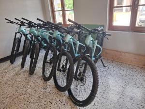 a row of bikes parked in a room at Vila Soča in Bovec