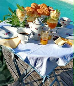 a table with a breakfast of croissants and drinks at Villa du Sauzin in Cronat +13 photos