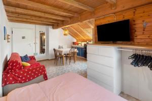 a living room with a flat screen tv on a counter at Casa Morsich in Predazzo