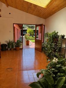 an open hallway with potted plants and a wooden ceiling at Posada Yacoraite Tilcara in Tilcara