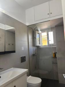 a bathroom with a shower and a toilet and a sink at Katerina Pool Apartments in Acharavi +30 photos