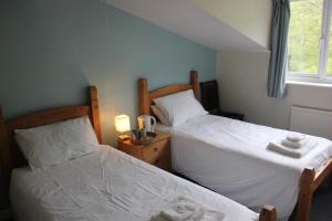 two twin beds in a room with a window at Half Moon Inn in Llanthony