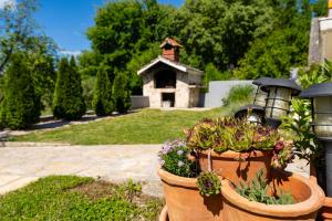 a garden with two potted plants and a bird house at My Dalmatia - Villa Manda Adriatic with Private Heated Pool in Skradin