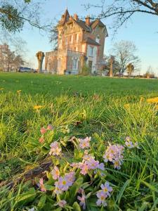a field with flowers in front of a house at Villa du Sauzin in Cronat
