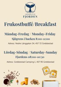 a flyer for a breakfast buffet with eggs and food at GrebbestadFjorden in Grebbestad