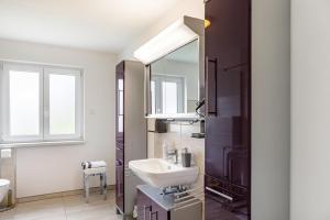 a bathroom with a sink and a mirror at Ferienwohnung Franni in Wabern +28 photos