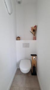 a white bathroom with a toilet and a vase on a shelf at Maison de Pierre in Septfonds +6 photos