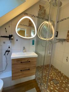 a bathroom with a sink and a shower at Charmantes Apartment mit gemütlichem Flair außerhalb gelegen in Bad Essen