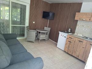 a living room with a couch and a table and a kitchen at Hotel Antonio in Çeşme