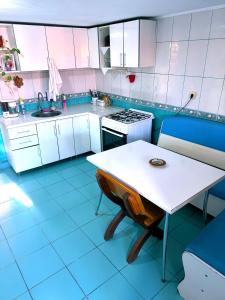 a blue and white kitchen with a table and a sink at Casa Denisa in Sulina
