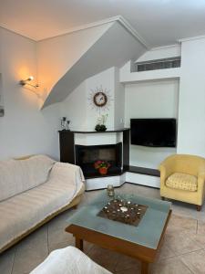 a living room with a couch and a fireplace at The Spartan Horizon in Sparta