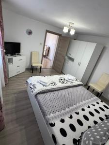 a bedroom with a bed with a black and white comforter at Casa Denisa in Sulina