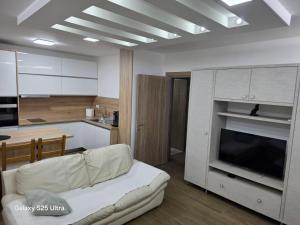 a living room with a couch and a kitchen at Serbian home - free parking - Bazen se doplaćuje in Krnjača