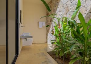 a bathroom with a stone wall and a plant at Cavendish Polhena in Matara +22 photos