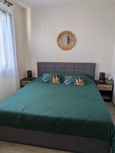 a bedroom with a large green bed with a mirror at Dume et Coco F2 55 M2 Vue mer in Taglio-Isolaccio