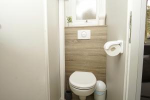 a small bathroom with a toilet and a window at Tiny Chalet Nr 814 in Göhren